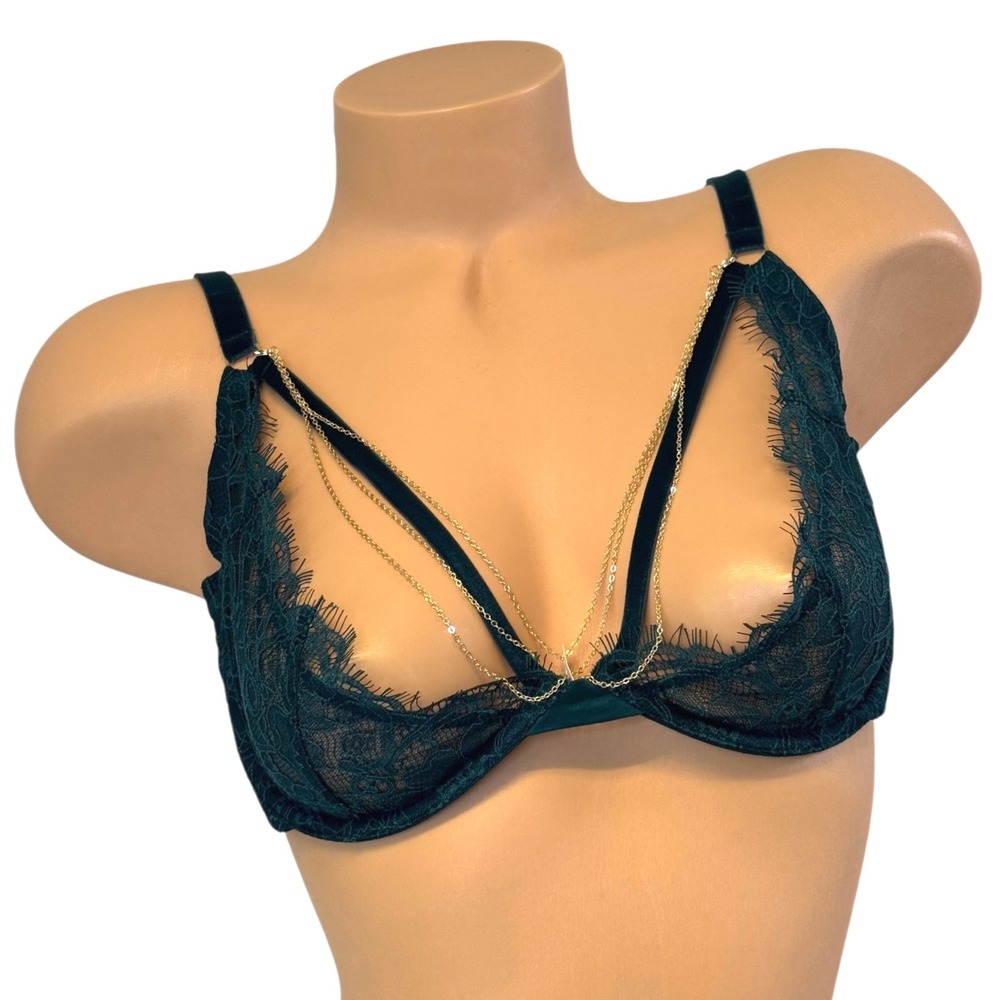 Victoria's Secret Size XL Unlined Lace Up Open Cup Bra Gold Chain Emerald Green